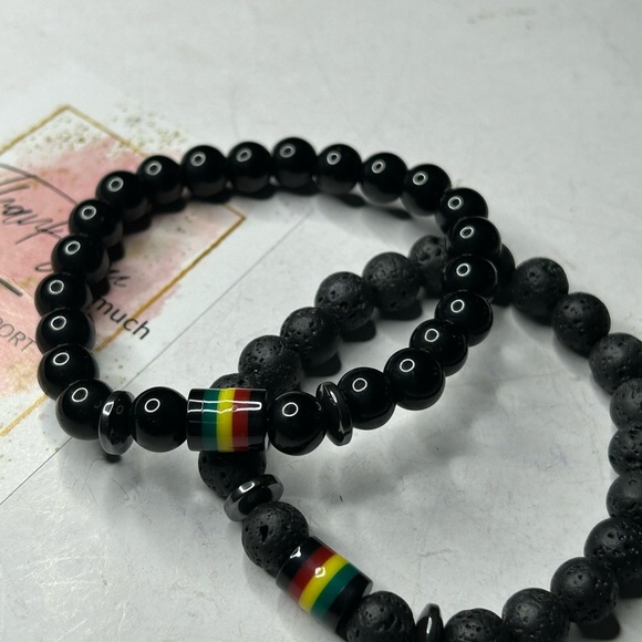 Black Onyx & Lava Bead Bracelet Set w/ Rasta Accent - Picture 3 of 3